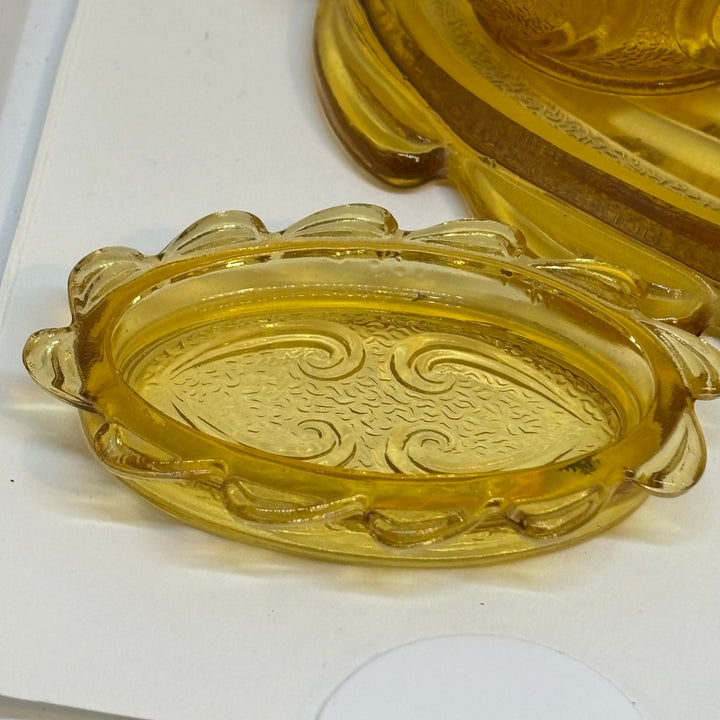 Vintage Pressed Amber Glass 6-Piece Trinket Dressing Table Set & Tray