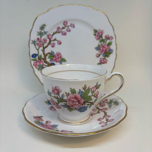 Vintage COLCLOUGH Pink & Blue Flower Bloom Tea Set Trio