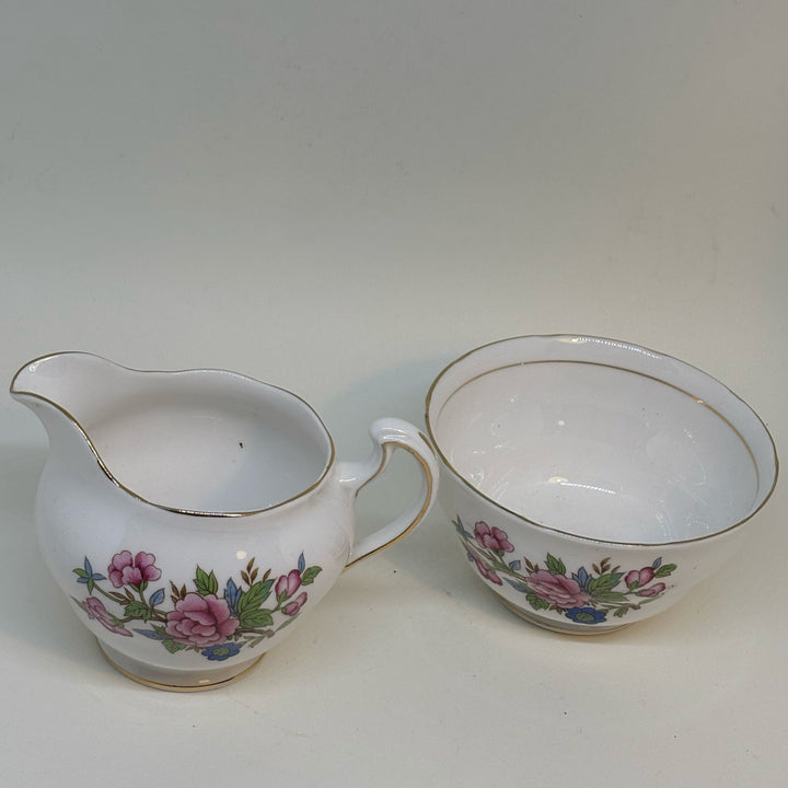Vintage COLCLOUGH Pink & Blue Flower Bloom Sugar Bowl & Creamer