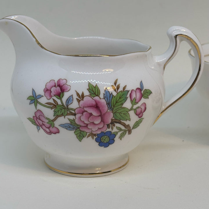 Vintage COLCLOUGH Pink & Blue Flower Bloom Sugar Bowl & Creamer