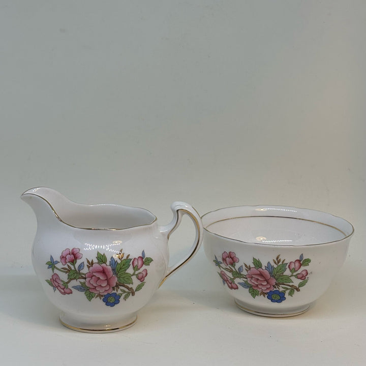 Vintage COLCLOUGH Pink & Blue Flower Bloom Sugar Bowl & Creamer