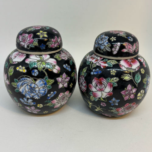 Pair of Hand-Painted Famille Noire Chinese Lidded Ginger Jars/Pots