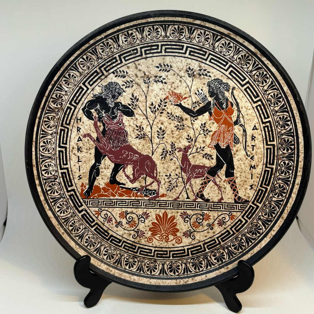 Vintage Painted Terracotta Greek Mythology Heracles & Artemis Wall Plate