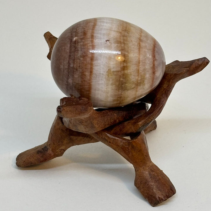 Vintage Polished Semiprecious Stone Egg on Hand-Carved Wooden Stand