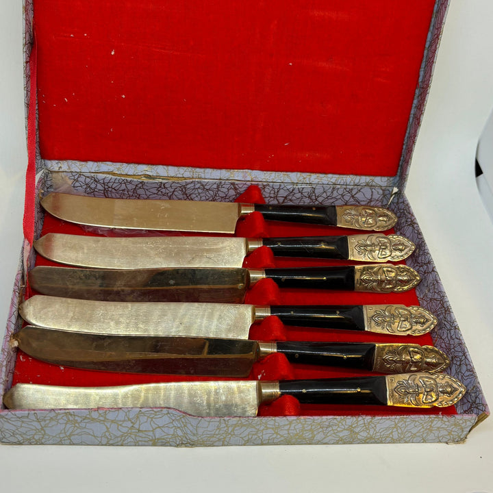 Vintage Nickel Bronze Ebonite Thailand Cutlery Set of 6 In Original Box