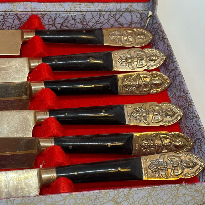 Vintage Nickel Bronze Ebonite Thailand Cutlery Set of 6 In Original Box