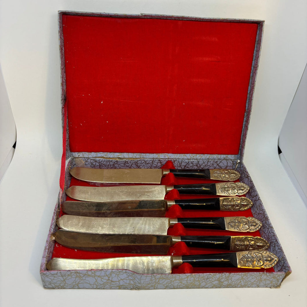 Vintage Nickel Bronze Ebonite Thailand Cutlery Set of 6 In Original Box