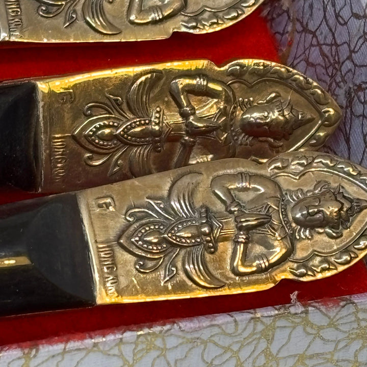 Vintage Nickel Bronze Ebonite Thailand Cutlery Set of 6 In Original Box