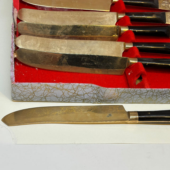 Vintage Nickel Bronze Ebonite Thailand Cutlery Set of 6 In Original Box