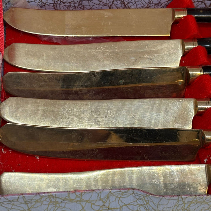 Vintage Nickel Bronze Ebonite Thailand Cutlery Set of 6 In Original Box