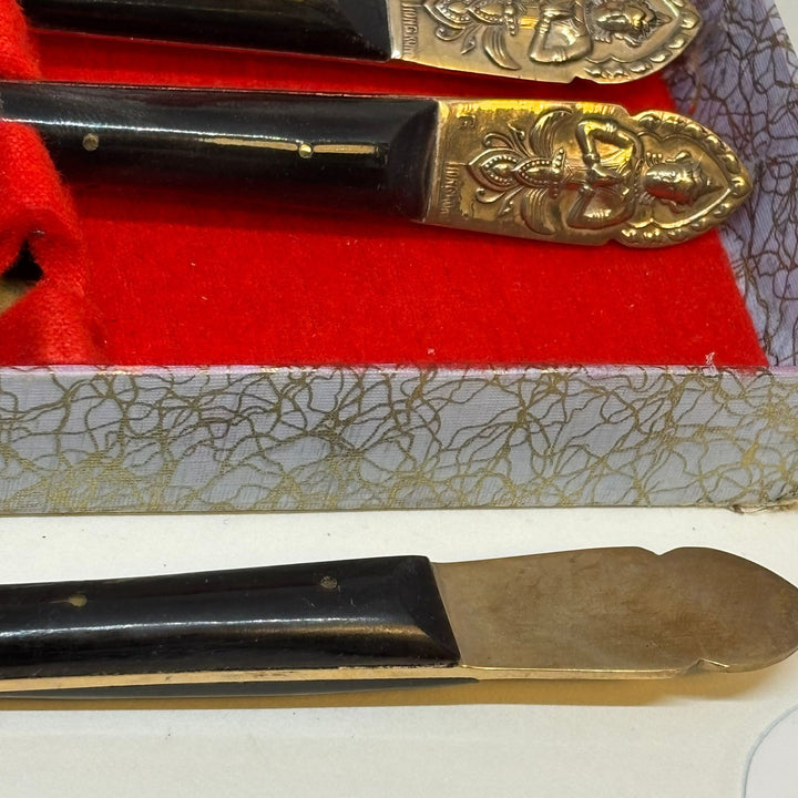 Vintage Nickel Bronze Ebonite Thailand Cutlery Set of 6 In Original Box