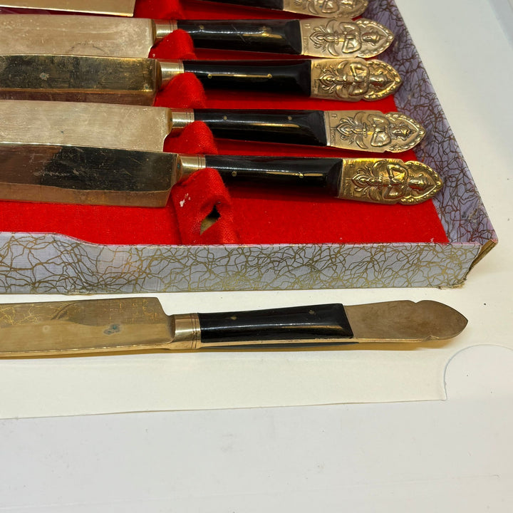 Vintage Nickel Bronze Ebonite Thailand Cutlery Set of 6 In Original Box