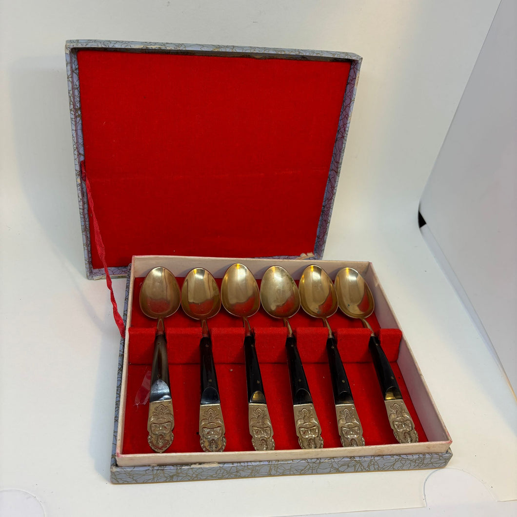 Vintage Nickel Bronze Ebonite Thailand Spoons Set of 6 In Original Box
