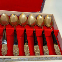 Load image into Gallery viewer, Vintage Nickel Bronze Ebonite Thailand Spoons Set of 6 In Original Box