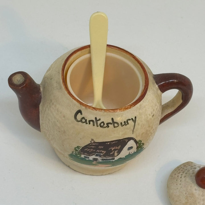 Vintage Mustard Pot with Liner and Spoon Souvenir of Canterbury