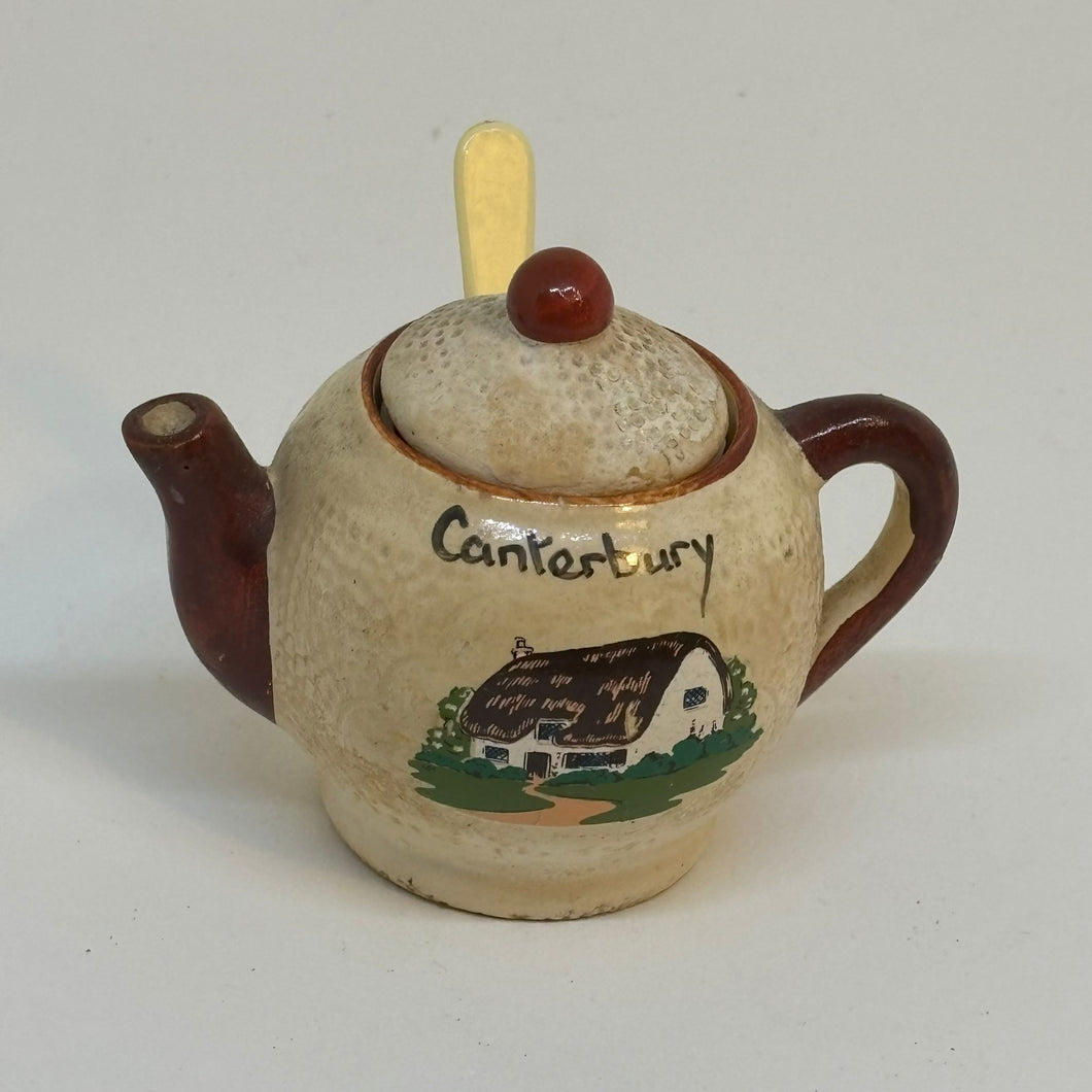 Vintage Mustard Pot with Liner and Spoon Souvenir of Canterbury