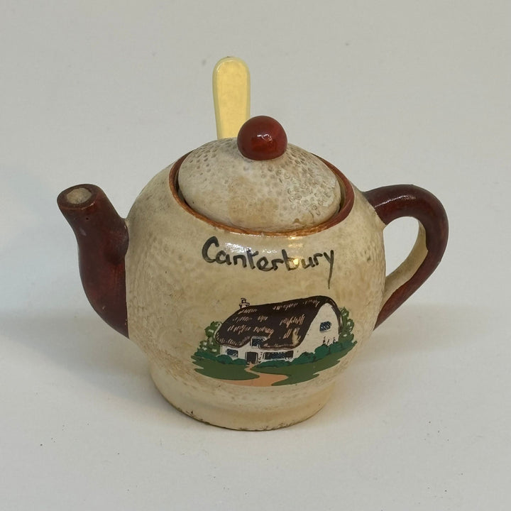Vintage Mustard Pot with Liner and Spoon Souvenir of Canterbury