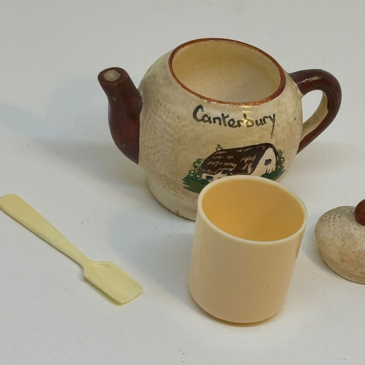 Vintage Mustard Pot with Liner and Spoon Souvenir of Canterbury