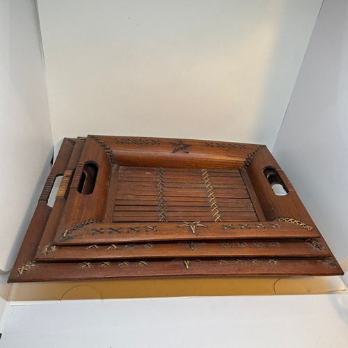 Set of Three Vintage Handmade Nested Bamboo Trays