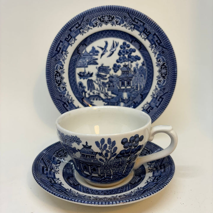 Vintage Churchill Willow Pattern Blue & White Tea Trio
