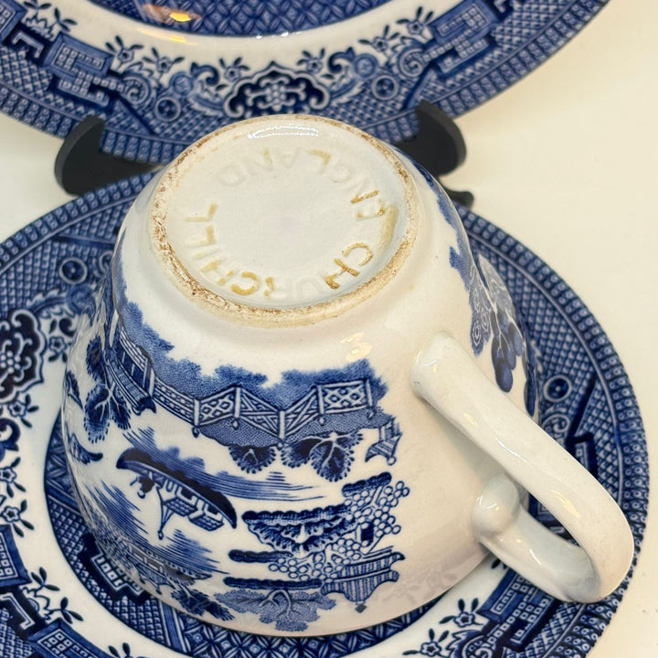 Vintage Churchill Willow Pattern Blue & White Tea Trio
