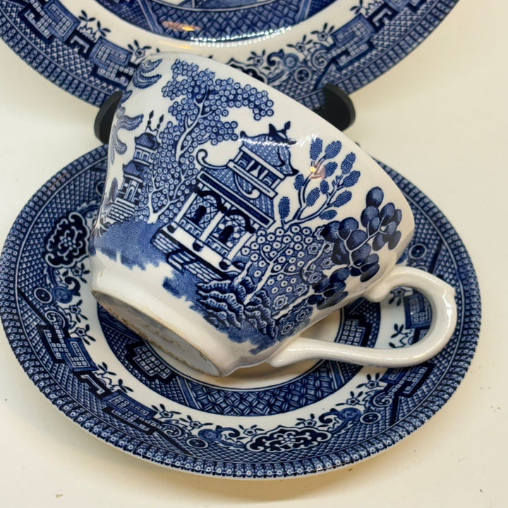 Vintage Churchill Willow Pattern Blue & White Tea Trio