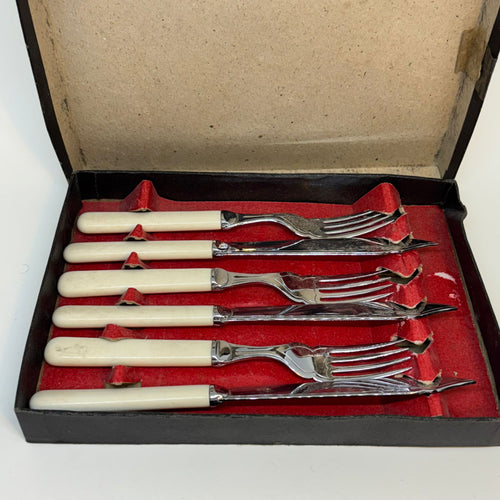 Boxed Set of Three Pairs of Vintage Fish Cutlery Chronium Plate