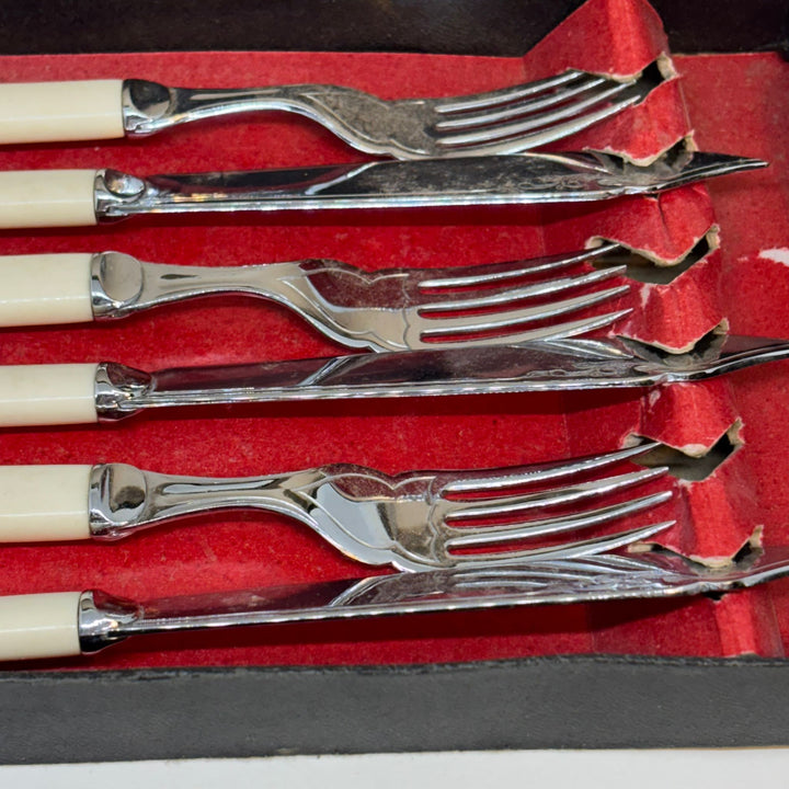 Boxed Set of Three Pairs of Vintage Fish Cutlery Chronium Plate