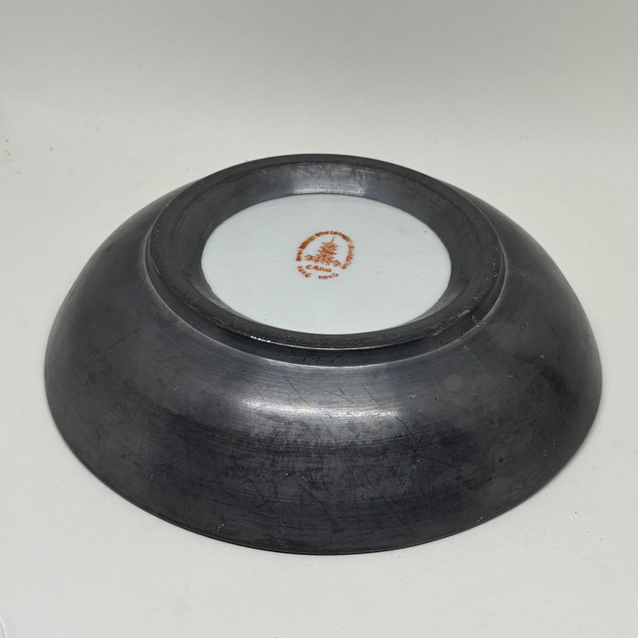 Vintage Hong Kong Hand Painted Pewter & Porcelain Blue & White Bowl