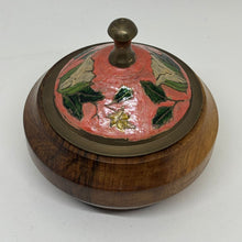 Load image into Gallery viewer, Vintage Hand Turned Wood Trinket Dish with Brass &amp; Enamel Lid