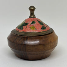 Load image into Gallery viewer, Vintage Hand Turned Wood Trinket Dish with Brass &amp; Enamel Lid