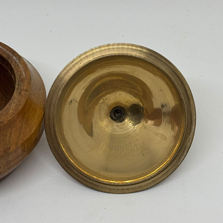 Vintage Hand Turned Wood Trinket Dish with Brass & Enamel Lid