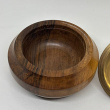Load image into Gallery viewer, Vintage Hand Turned Wood Trinket Dish with Brass &amp; Enamel Lid