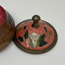 Load image into Gallery viewer, Vintage Hand Turned Wood Trinket Dish with Brass &amp; Enamel Lid