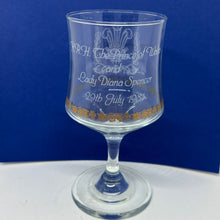 Load image into Gallery viewer, Vintage Commemorative Wine Glass Prince of Wales Lady Diana Wedding Gold Filigree