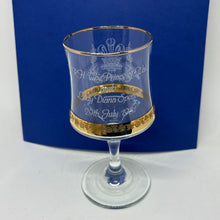Load image into Gallery viewer, Vintage Commemorative Wine Glass Prince of Wales Lady Diana Wedding Gold Filigree Band