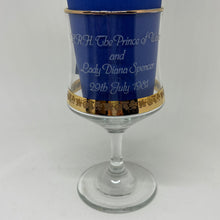 Load image into Gallery viewer, Vintage Commemorative Wine Glass Prince of Wales Lady Diana Wedding Gold Filigree Band
