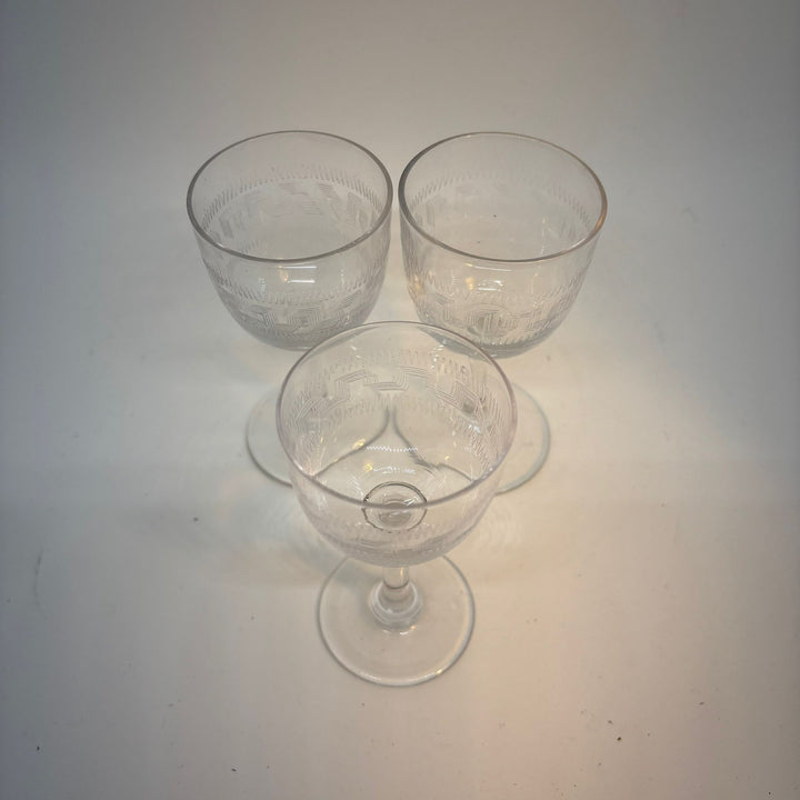 Set of 3 Vintage Etched Glass Cordial & Liqueur Glasses