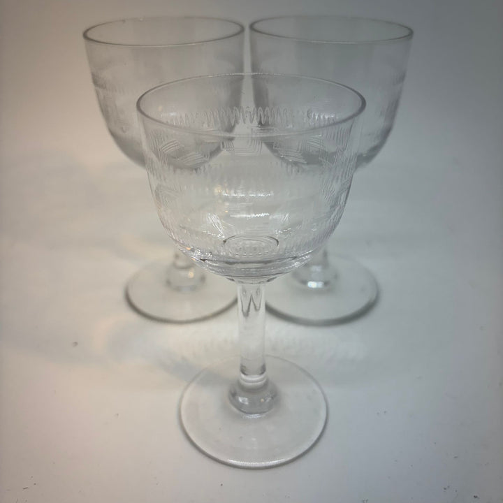 Set of 3 Vintage Etched Glass Cordial & Liqueur Glasses