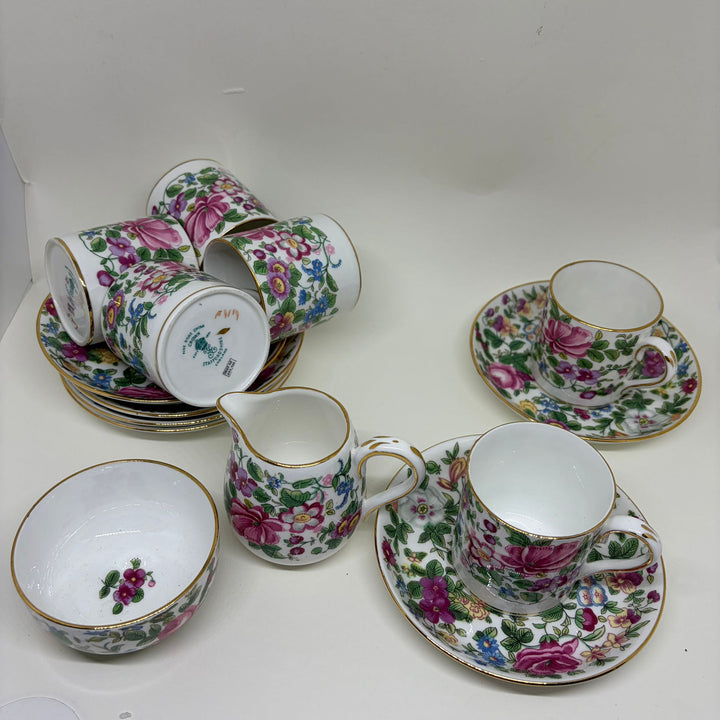 Vintage Crown Staffordshire Set of 6 Coffee Cups & Saucers, Creamer & Sugar Bowl