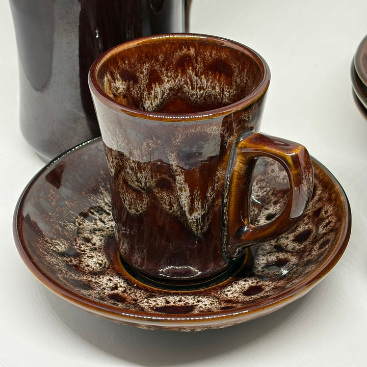 Vintage Mid Century Kernewek Pottery Cornwall Drip Glaze Coffee Set for 4