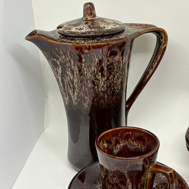 Vintage Mid Century Kernewek Pottery Cornwall Drip Glaze Coffee Set for 4