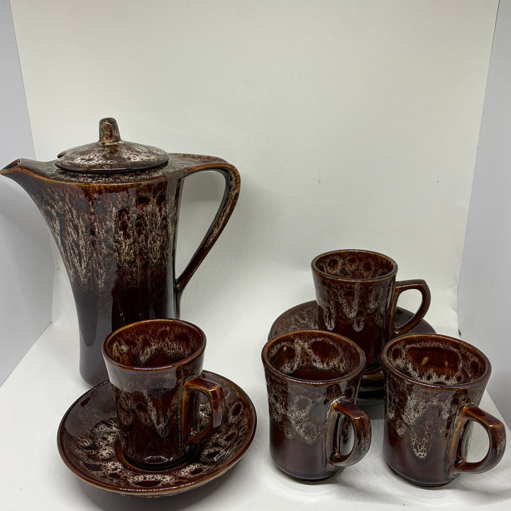Vintage Mid Century Kernewek Pottery Cornwall Drip Glaze Coffee Set for 4
