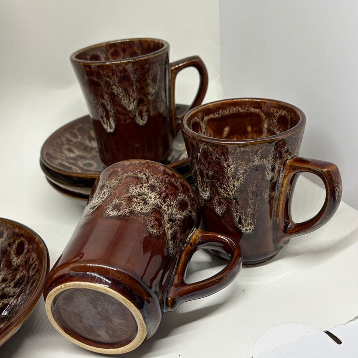 Vintage Mid Century Kernewek Pottery Cornwall Drip Glaze Coffee Set for 4