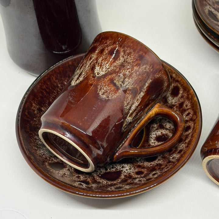 Vintage Mid Century Kernewek Pottery Cornwall Drip Glaze Coffee Set for 4