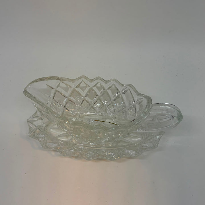 Vintage Small Pressed Glass Sauce Boat and Under Plate Set