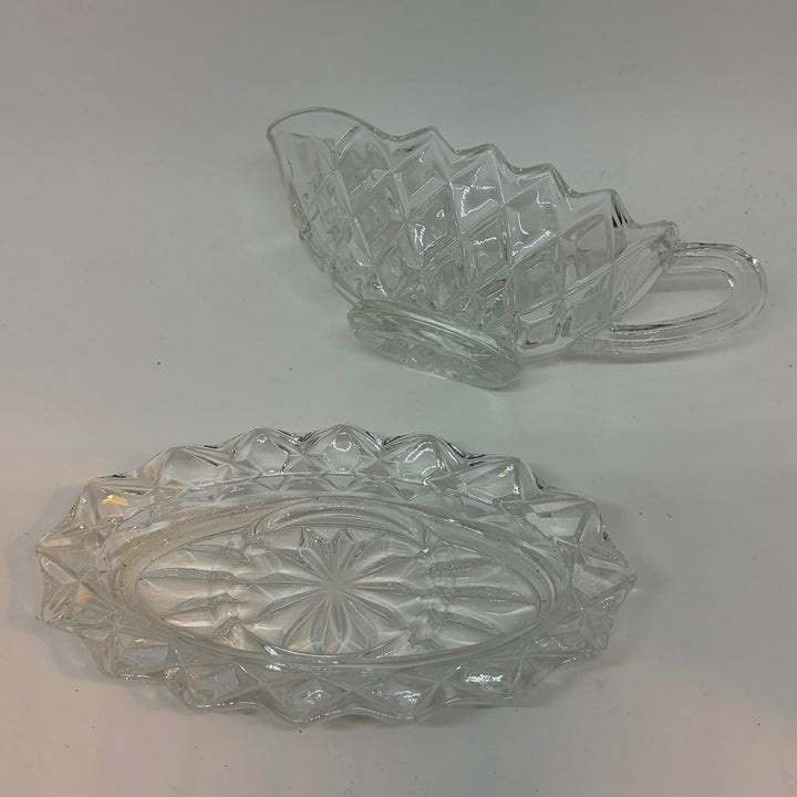 Vintage Small Pressed Glass Sauce Boat and Under Plate Set
