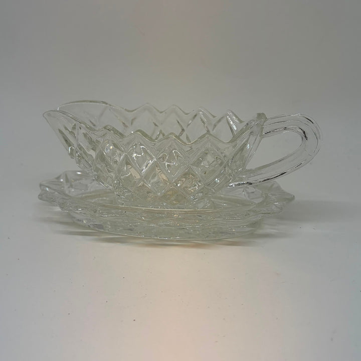 Vintage Small Pressed Glass Sauce Boat and Under Plate Set
