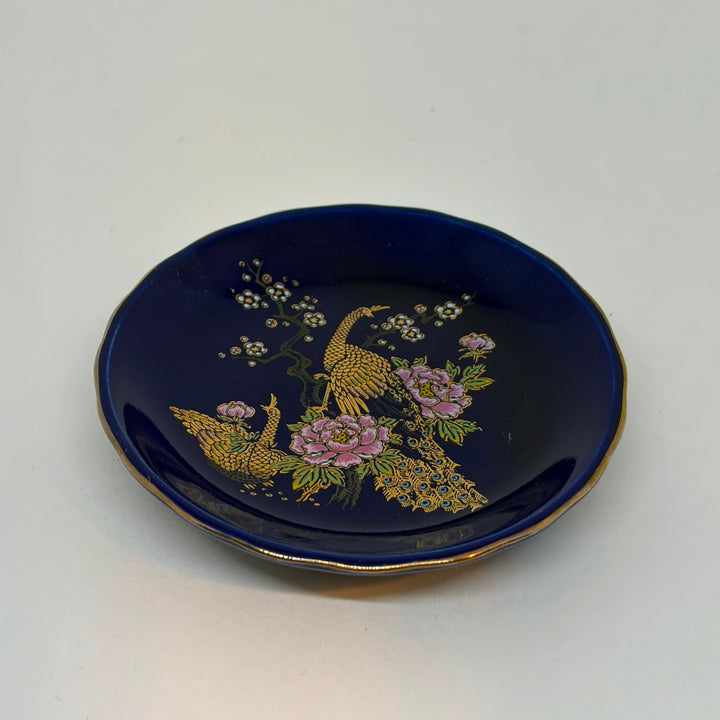 Vintage Cobalt Blue Gold Trim Decorative Japanese Porcelain Peacock Dish