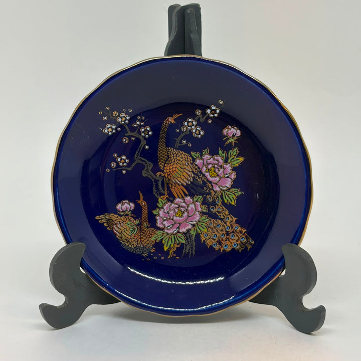 Vintage Cobalt Blue Gold Trim Decorative Japanese Porcelain Peacock Dish